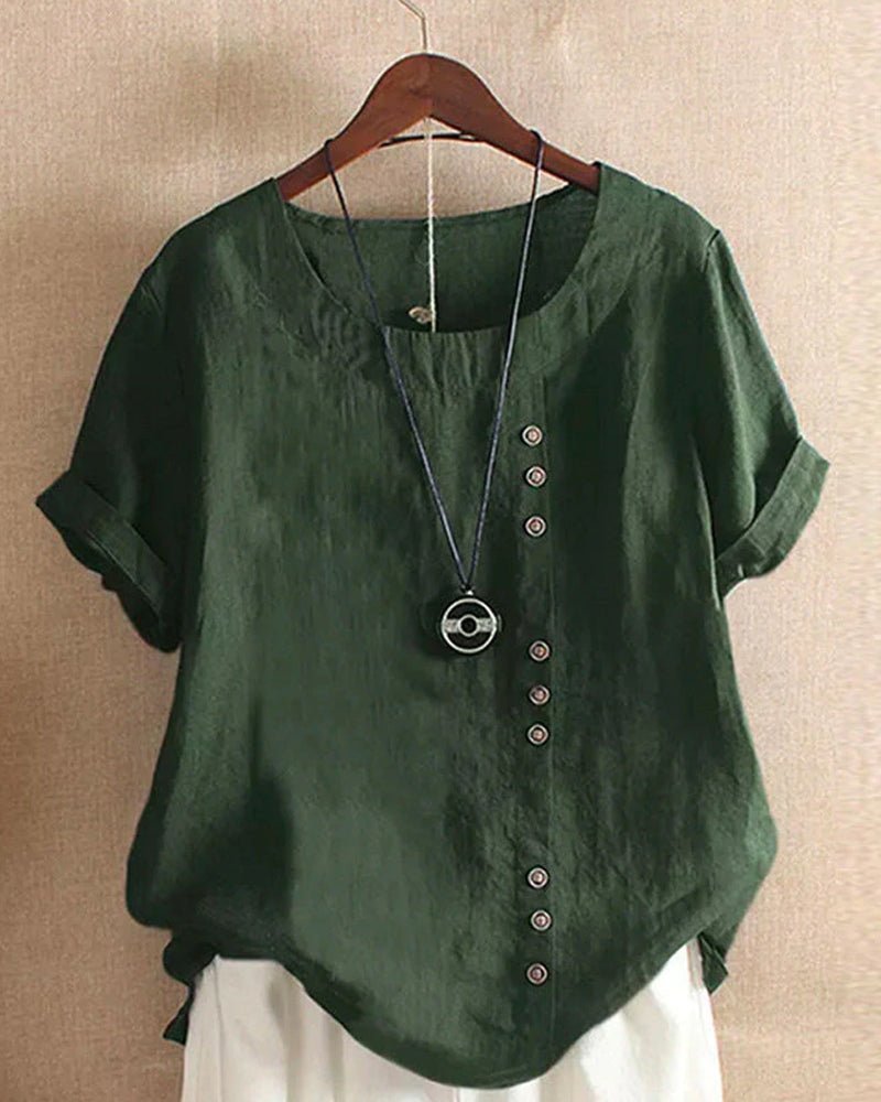 Women's casual linen short sleeve top with button front, a comfortable tunic for relaxed everyday wear.