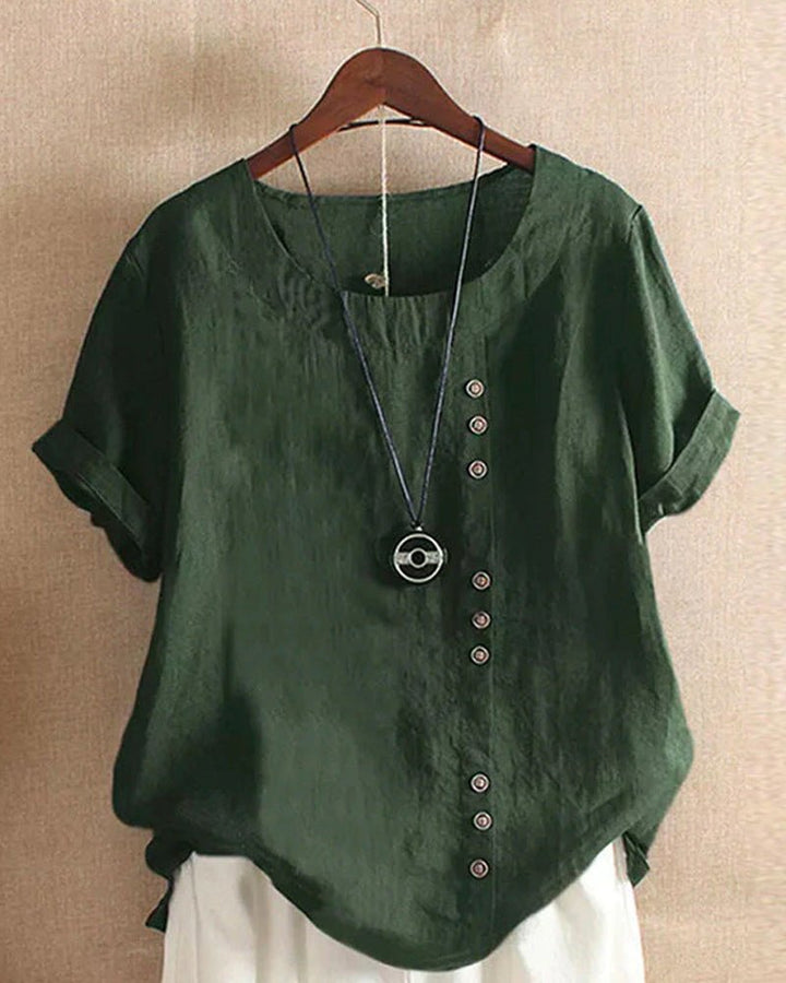 Women's casual linen short sleeve top with button front, a comfortable tunic for relaxed everyday wear.