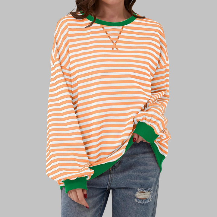 Round neck, long sleeve women's striped sweatshirt, a versatile casual fashion top for layering.