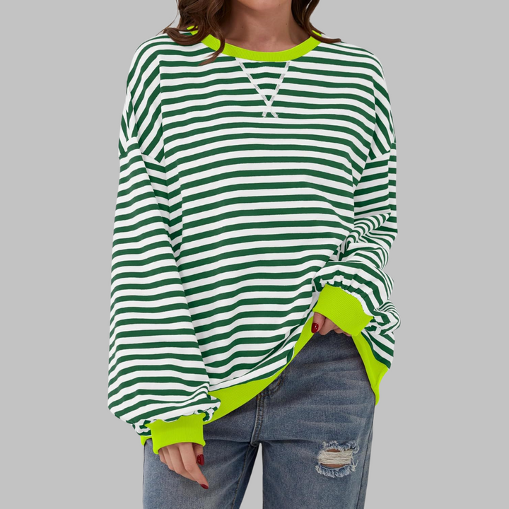 Comfy women's long sleeve striped sweatshirt for relaxed everyday wear and versatile styling.