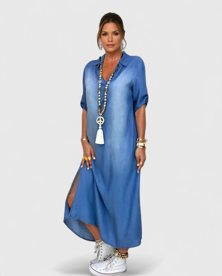 Women's casual loose fit denim midi dress with stylish side split, perfect comfortable blue summer dress.