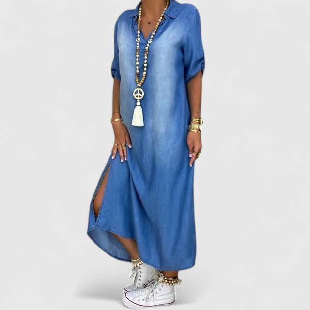 Versatile women's loose denim midi dress, ideal for casual wear, features a comfortable fit & chic side split.