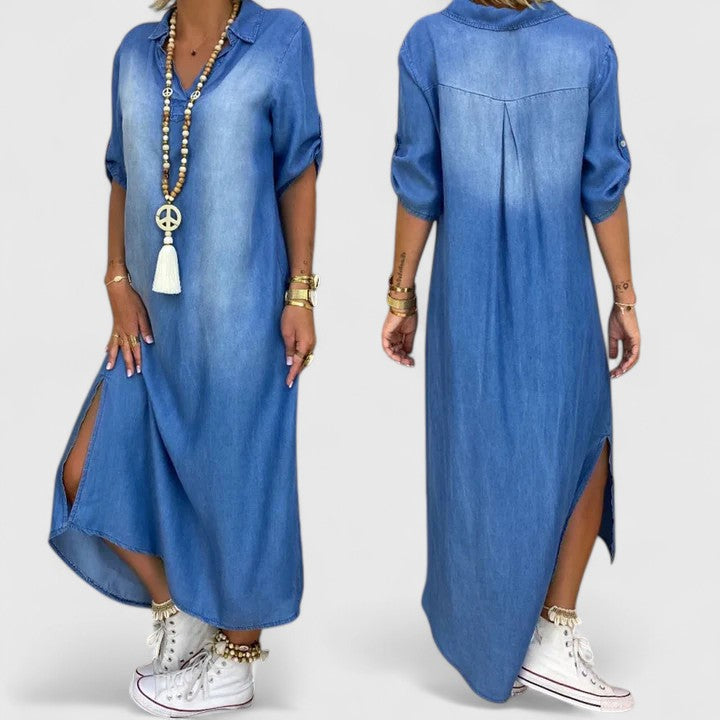 Blue denim midi dress for women, casual & comfortable loose fit design with a trendy side split, great for summer.