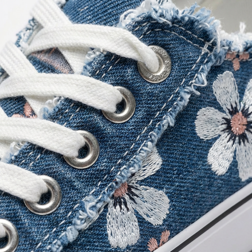 Stylish women's lace-up sneakers featuring unique frayed edges & beautiful floral embroidery. Comfortable casual shoes.