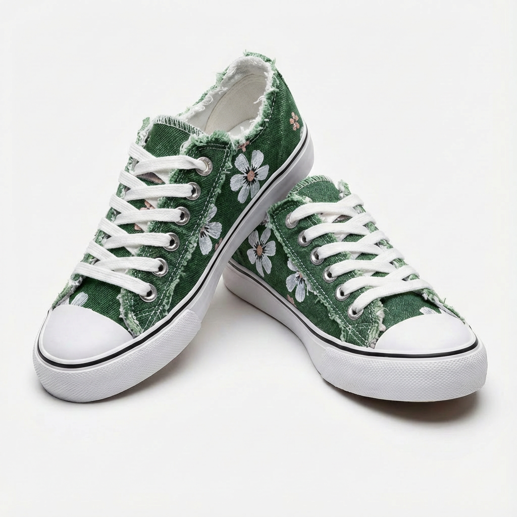 Unique women's casual sneakers with delicate floral embroidery & practical lace-up closure. Low-top design.