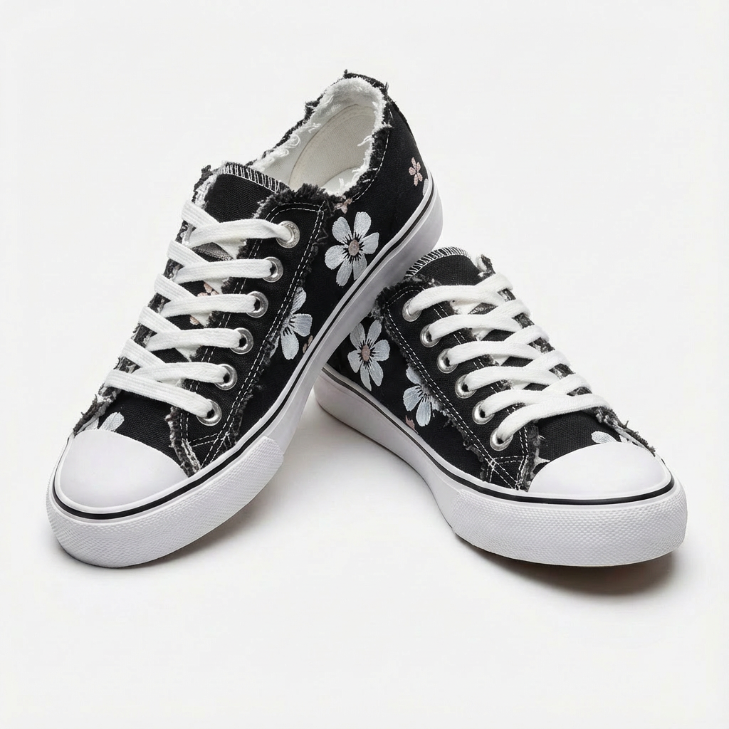 Embroidered women's casual sneakers showcasing intricate floral patterns & a chic frayed edge. Stylish everyday footwear.