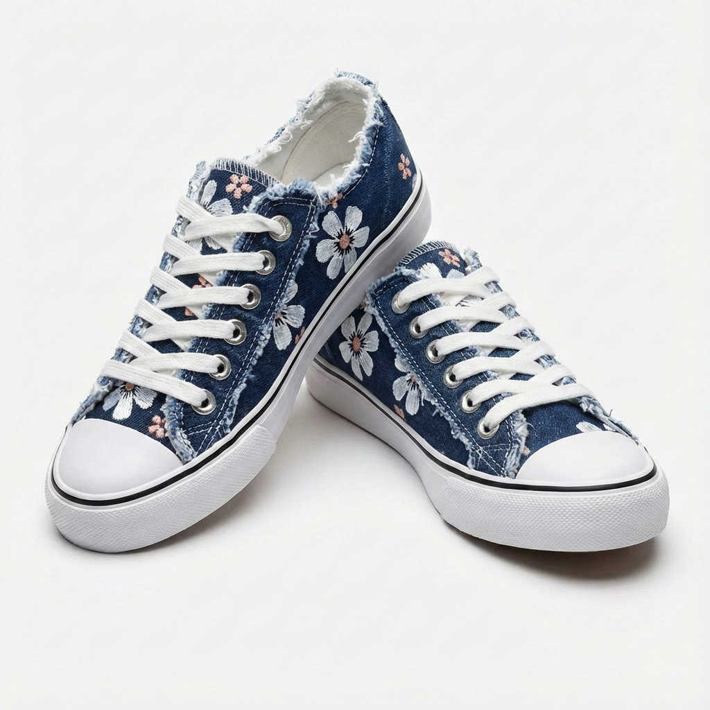 Fashionable women's low-top sneakers with elegant floral embroidery, offering comfort & style for casual outings.