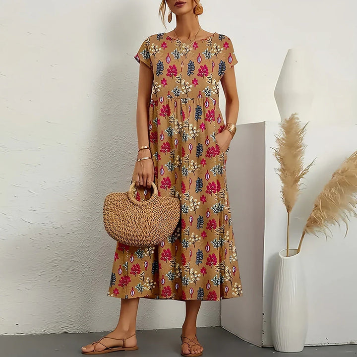 Women's casual midi dress with cap sleeves & round neck, perfect for summer everyday wear & relaxed style.