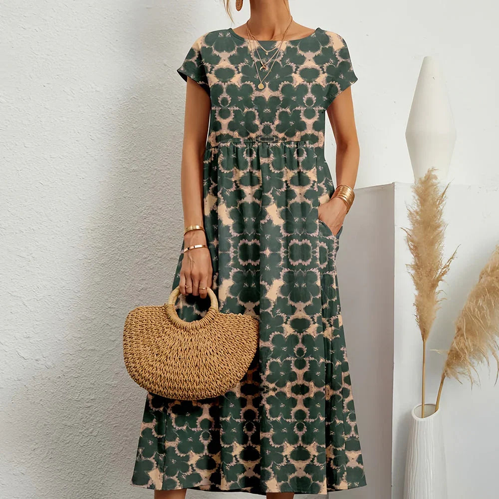 Comfy women's relaxed fit midi dress with cap sleeves, ideal for spring & summer casual outings.