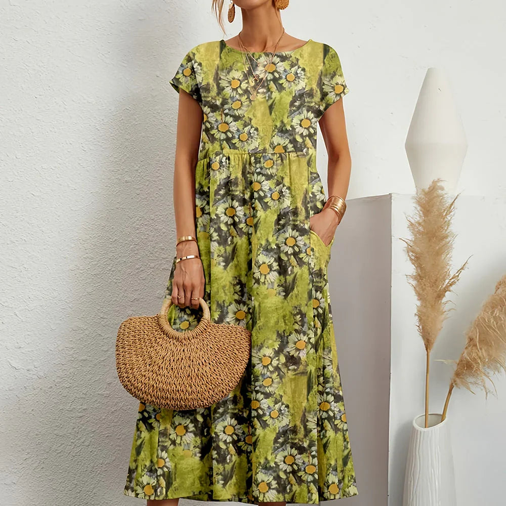 New3 women's casual midi dress, cap sleeve, round neck, relaxed fit for versatile spring & summer fashion.