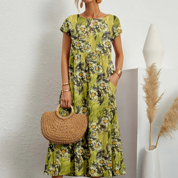 New3 women's casual midi dress, cap sleeve, round neck, relaxed fit for versatile spring & summer fashion.