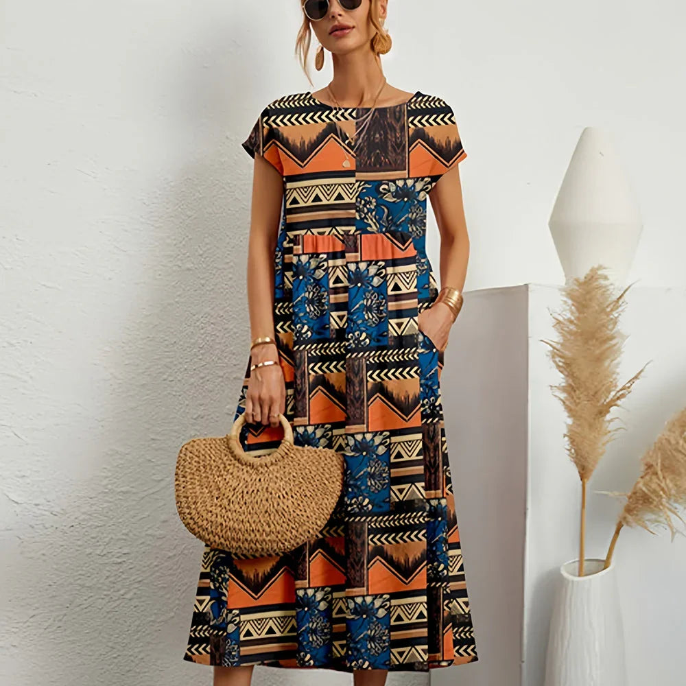 Women's casual midi dress with cap sleeves & round neck. Relaxed fit, comfy for summer & spring.