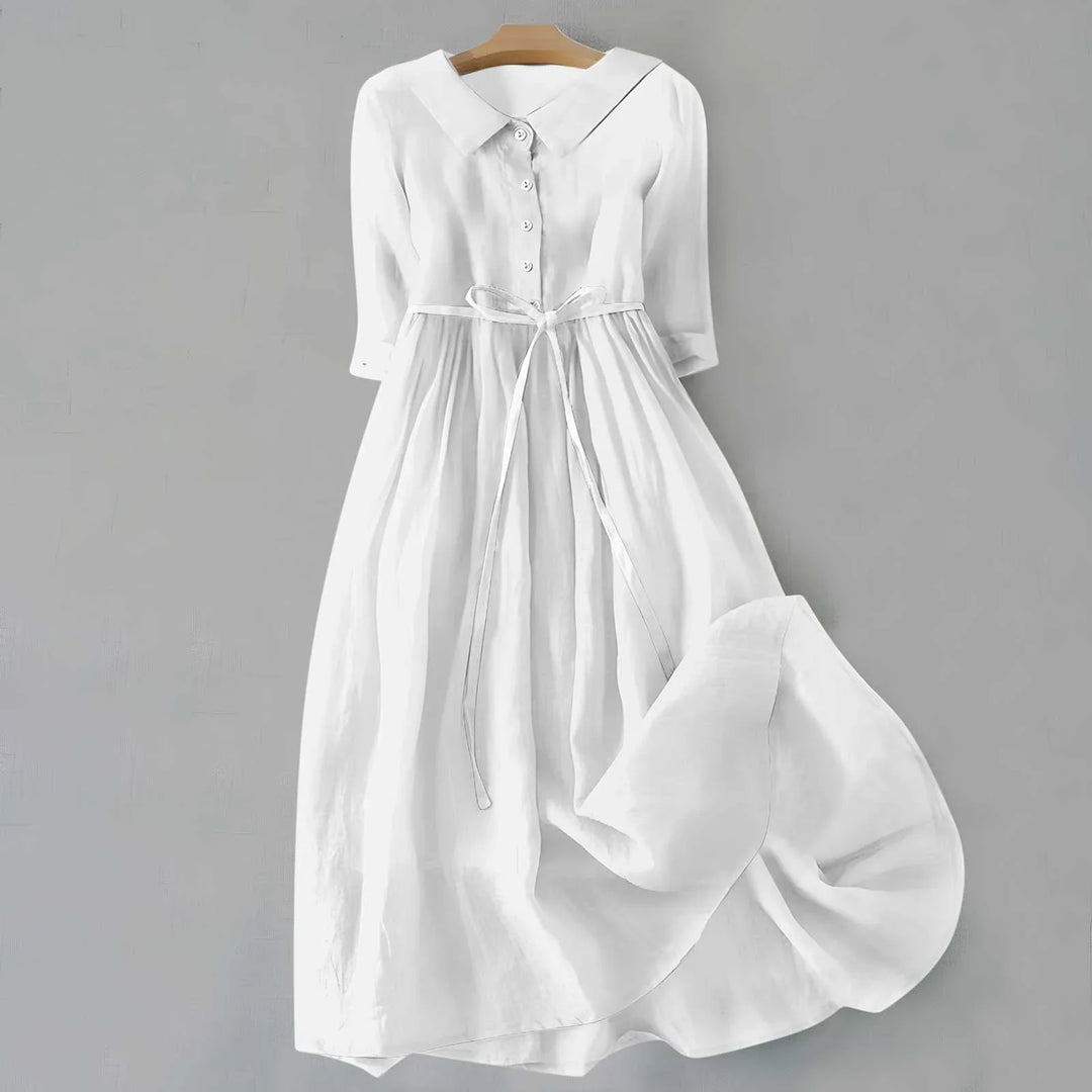 Comfortable women's flowy midi dress with collar & tie-waist. Stylish 3/4 sleeve casual fashion.