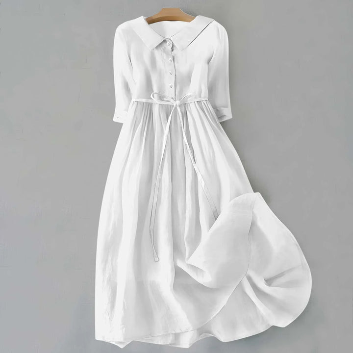 Comfortable women's flowy midi dress with collar & tie-waist. Stylish 3/4 sleeve casual fashion.