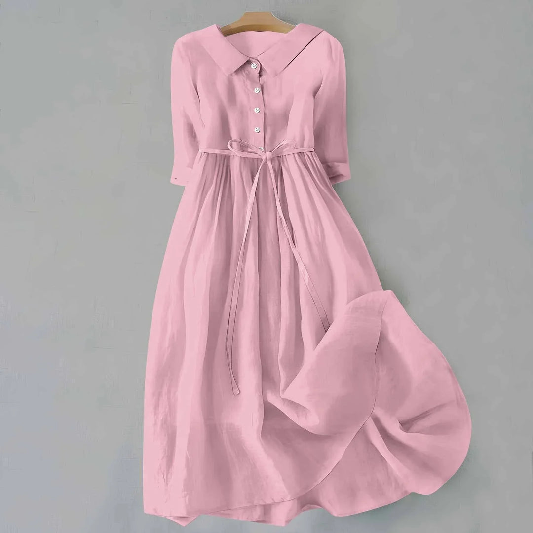 Versatile women's midi dress featuring a collar, 3/4 sleeves & tie-waist. Elegant casual everyday fashion.