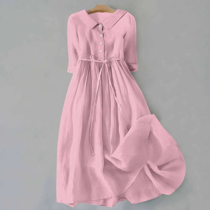 Versatile women's midi dress featuring a collar, 3/4 sleeves & tie-waist. Elegant casual everyday fashion.