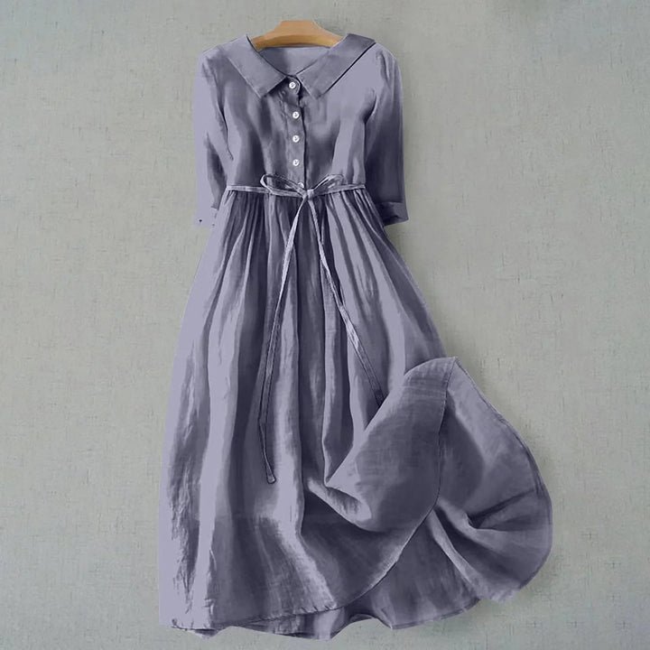 Light & flowy women's summer midi dress with collar, 3/4 sleeves & tie-waist. Perfect casual comfort.