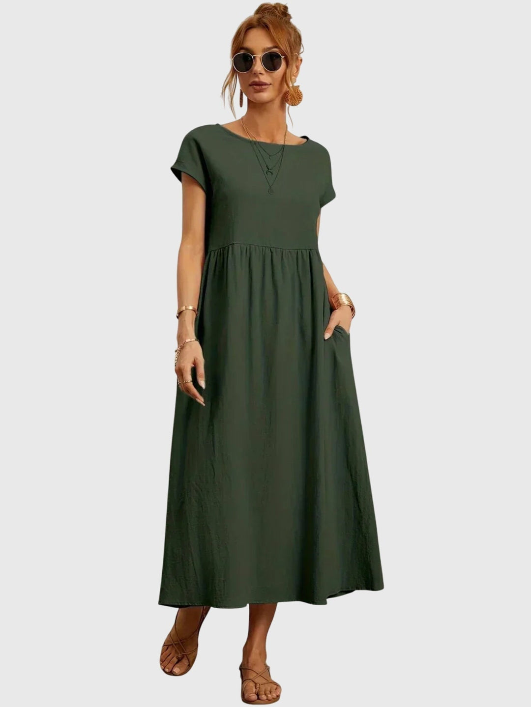 Women's casual midi dress with pockets, perfect for everyday style & comfort. Relaxed fit solid color summer dress.