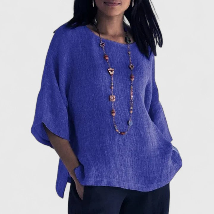 Elegant yellow women's O-neck blouse with loose fit & three-quarter sleeves, ideal for versatile summer fashion.