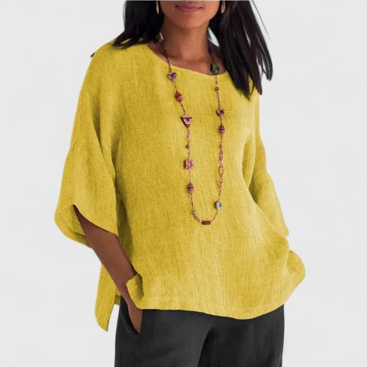 Purple women's versatile O-neck blouse, a loose-fit tunic with three-quarter sleeves for summer comfort.