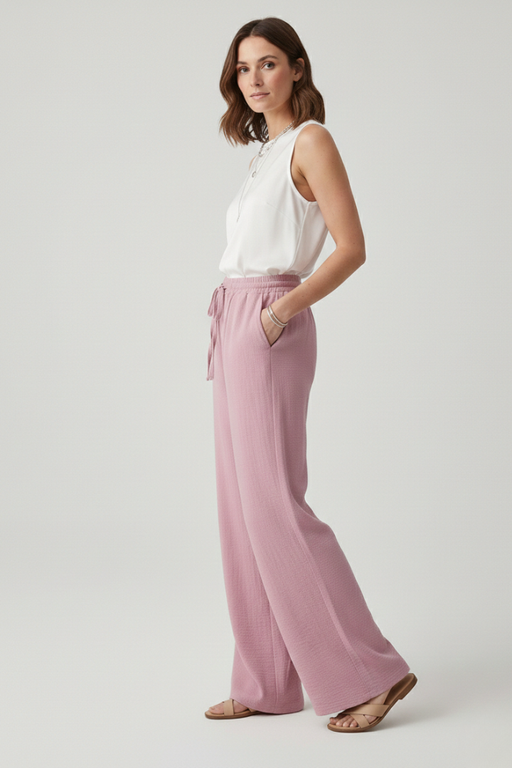 Lightweight women's palazzo pants with a comfy drawstring waist & wide leg. Great for warm weather & leisure.