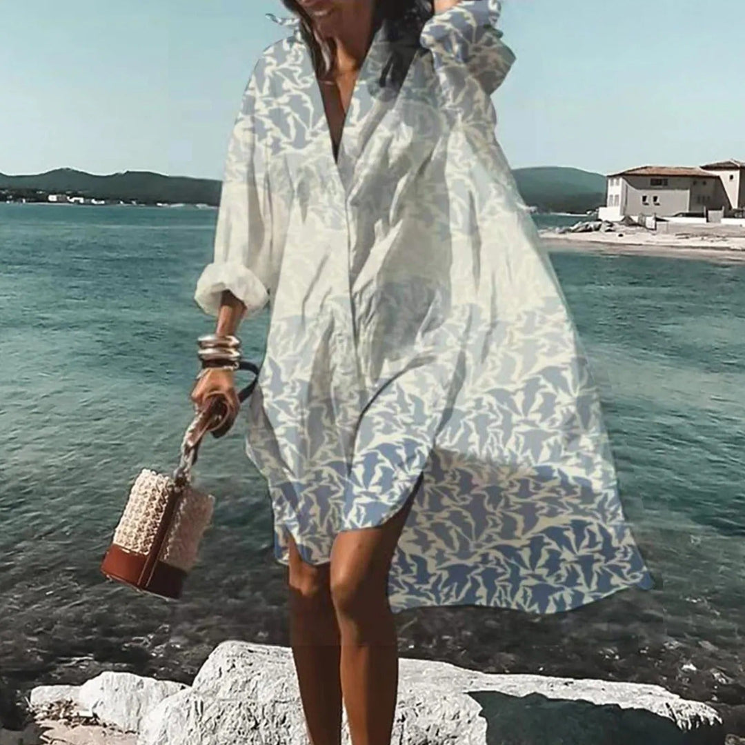 Women's casual printed midi shirt dress, perfect for effortless summer style & comfortable wear.