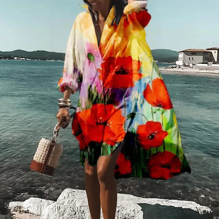 Vibrant printed midi shirt dress for women, offering a comfortable relaxed fit for summer days.