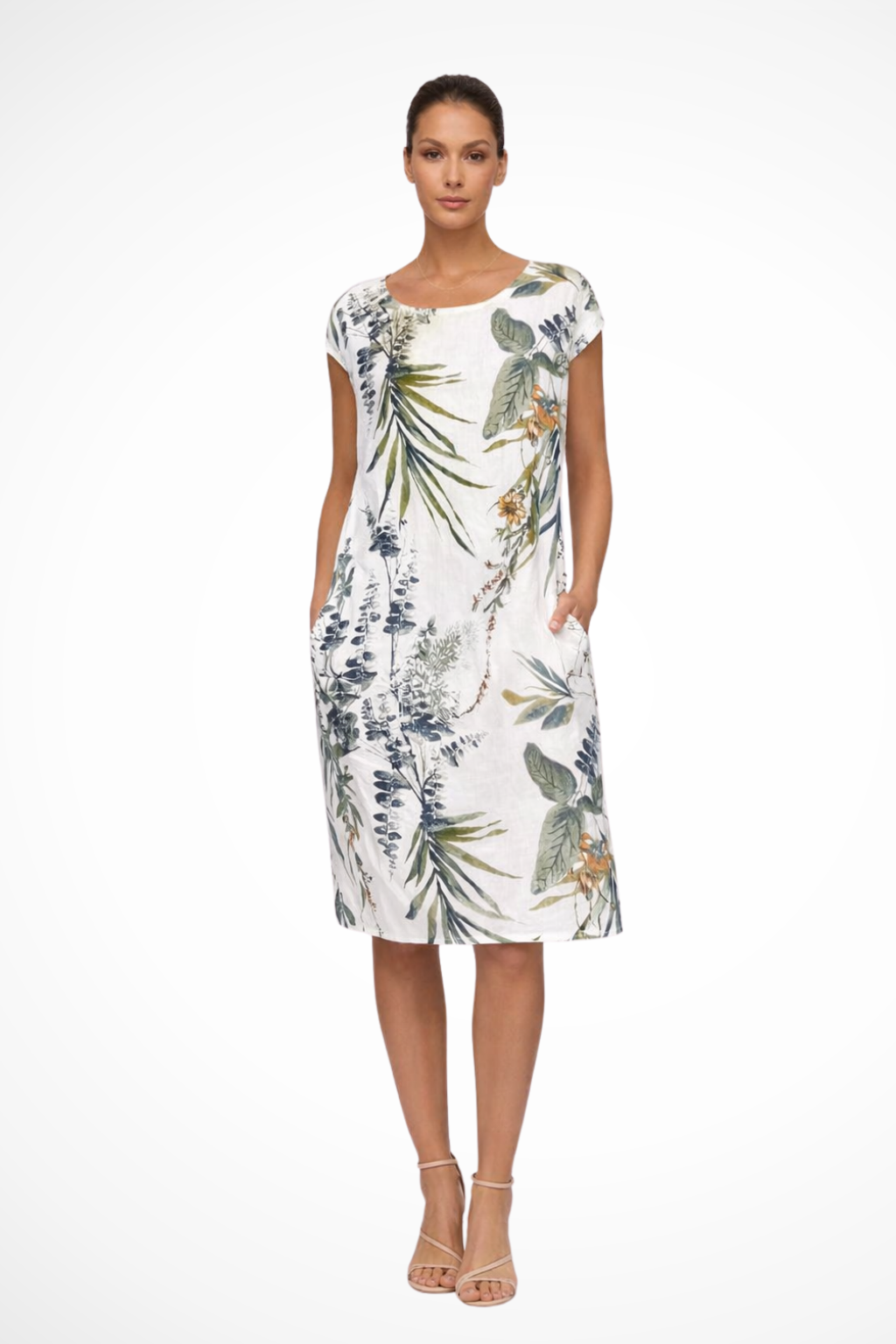 Women's casual relaxed fit summer dress with vibrant botanical print. Perfect for vacation & everyday comfort.