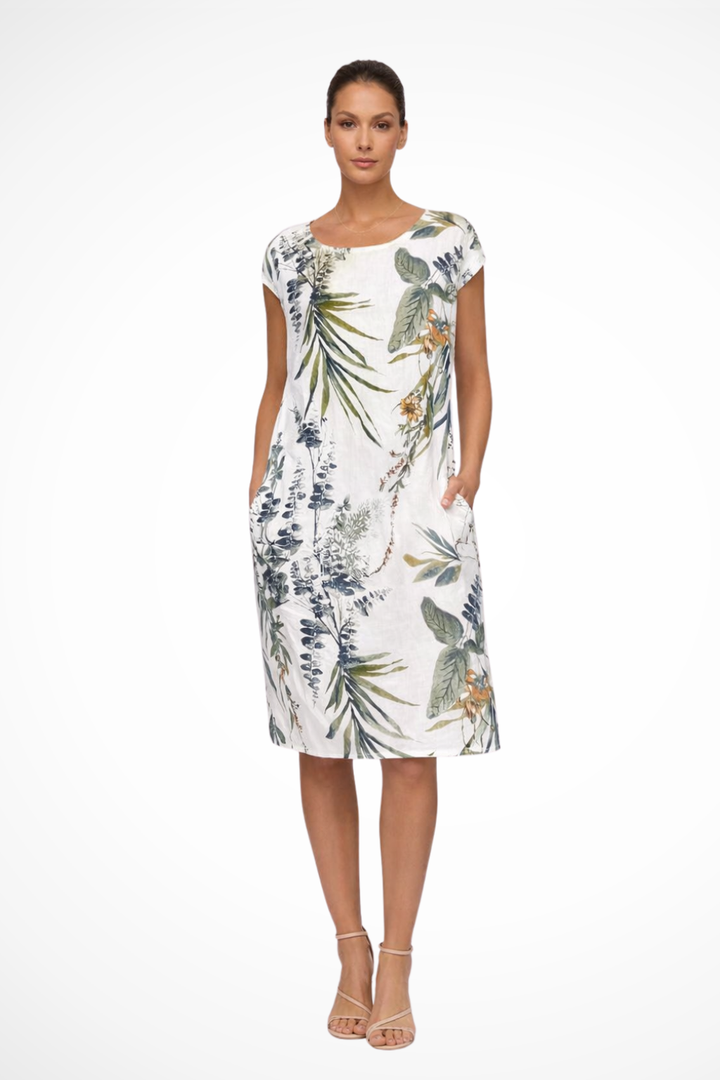 Women's casual relaxed fit summer dress with vibrant botanical print. Perfect for vacation & everyday comfort.