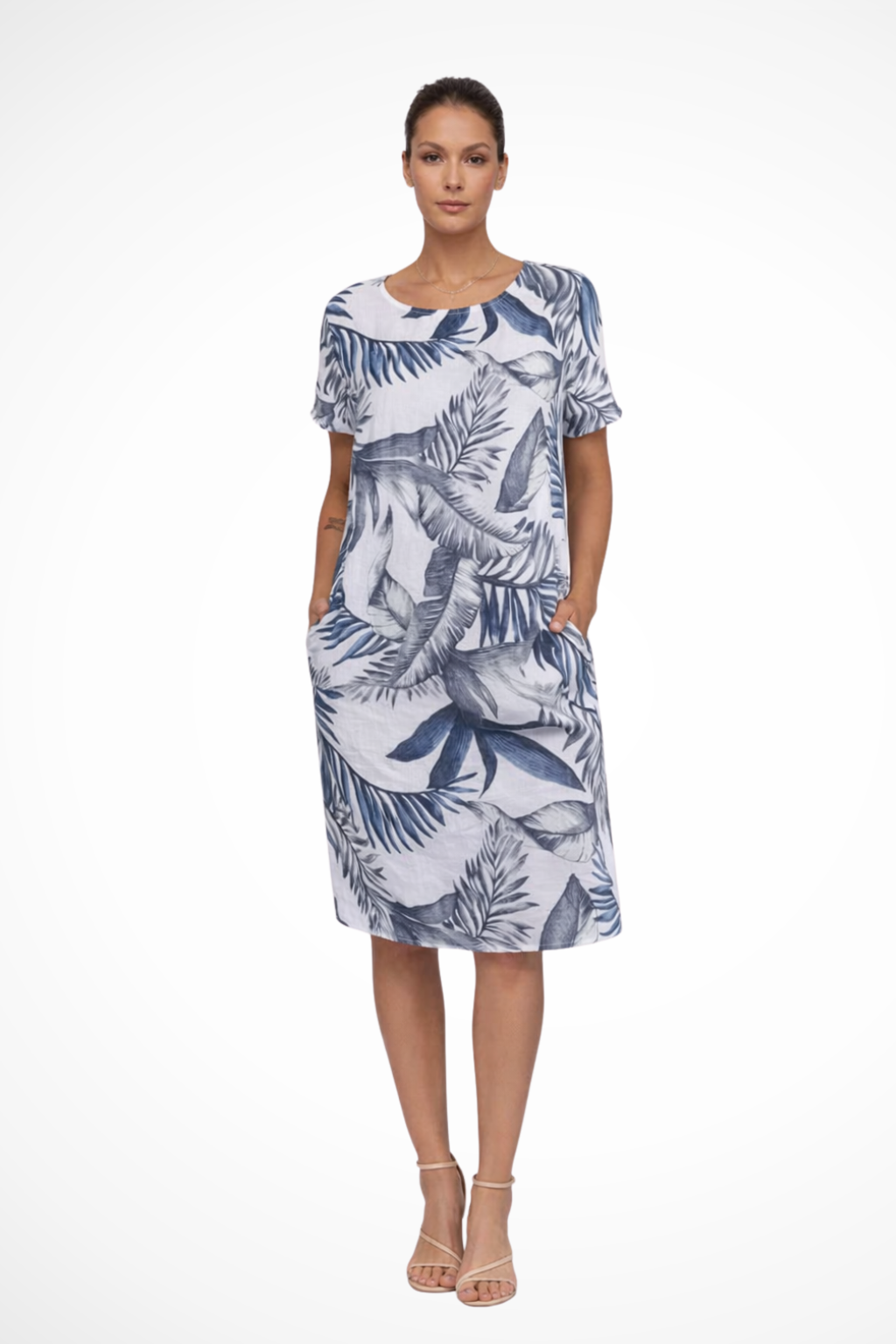Sleeveless shift dress for women, featuring a beautiful botanical print. Ideal for casual summer wear & comfort.