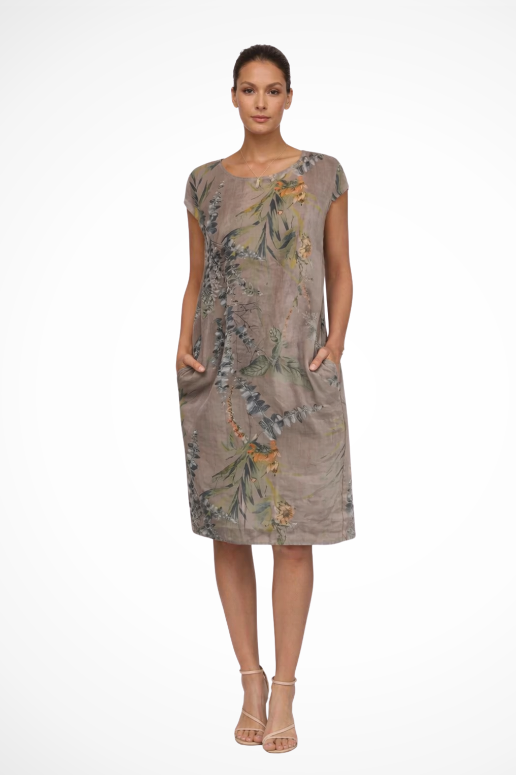Relaxed fit summer dress for women, with a chic botanical pattern. Great for vacation, beach, or daily casual.