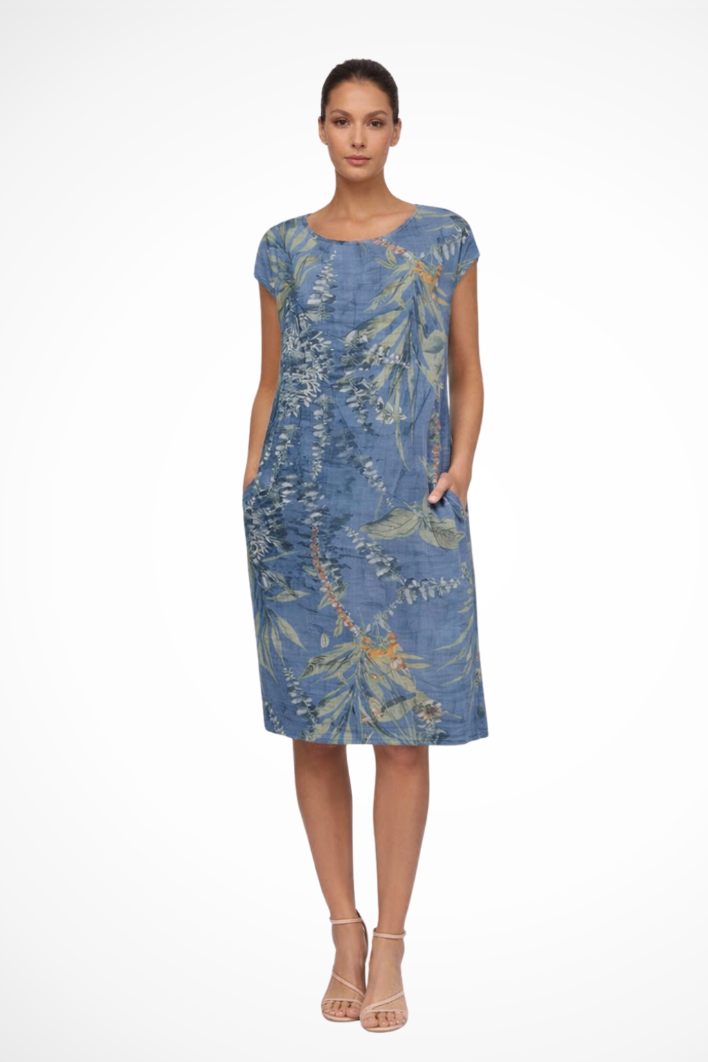 Comfortable women's summer dress, a relaxed fit shift style with an elegant botanical print. Everyday essential.