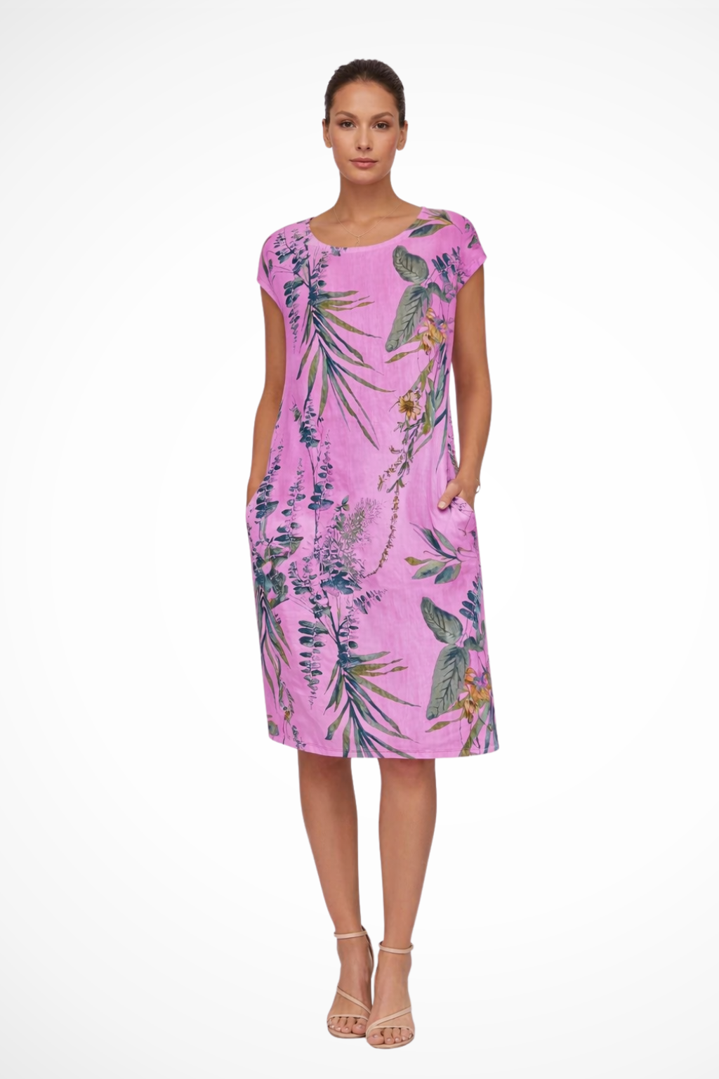 Sleeveless women's casual summer dress, featuring a colorful botanical print. Relaxed fit for ultimate comfort.