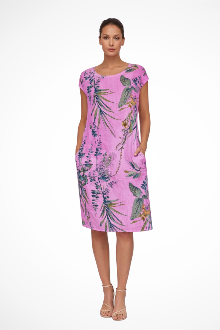 Sleeveless women's casual summer dress, featuring a colorful botanical print. Relaxed fit for ultimate comfort.