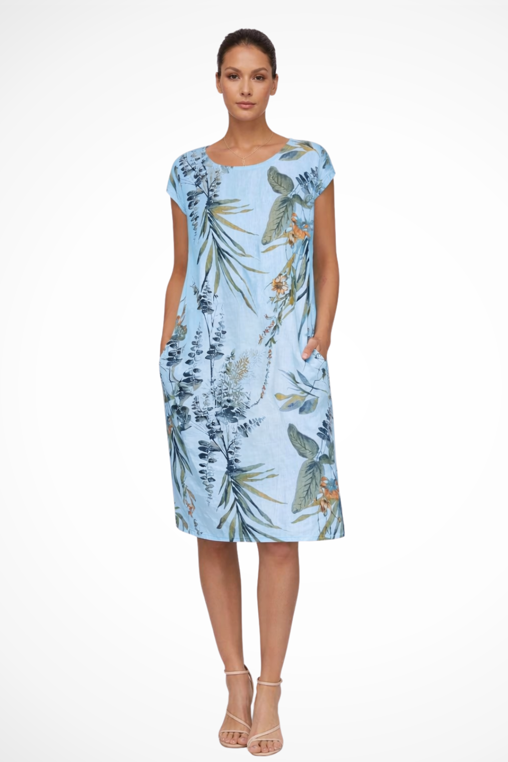 Women's relaxed fit summer dress with botanical print. Casual and comfortable for warm weather or daily wear.