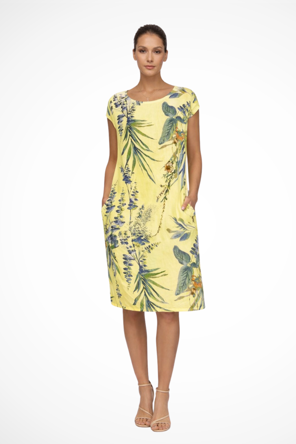 Elegant botanical print women's shift dress. Relaxed fit, sleeveless, perfect for casual summer comfort & style.