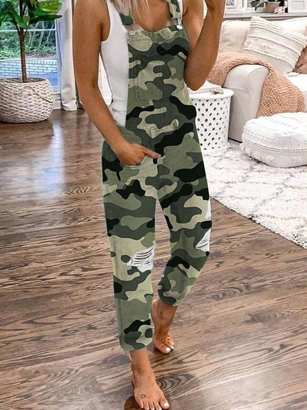 Women's casual ripped denim overalls jumpsuit with adjustable straps for stylish comfort, perfect for spring/summer.