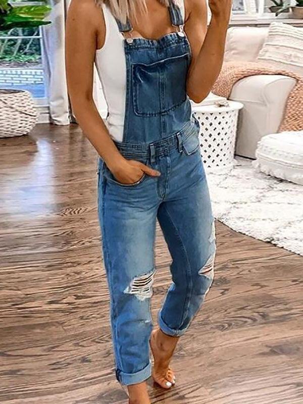 New women's strap jumpsuit, ripped denim overalls. Ideal casual wear for spring and summer fashion.