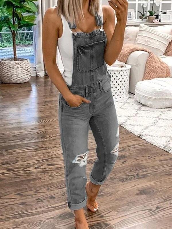 Comfortable women's casual ripped overalls jumpsuit, a trendy ankle-length strap outfit for versatile styling.