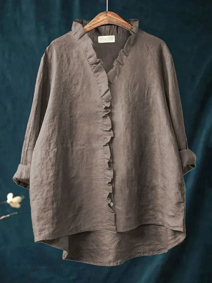 Chic women's summer blouse with ruffles & V-neck, ideal for effortless, feminine style.