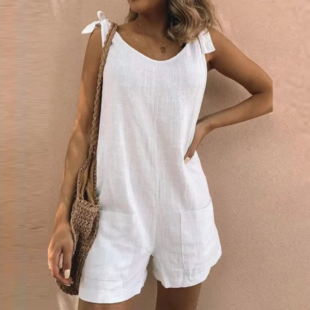 Women's casual short jumpsuit with cute bow-tie straps & practical pockets, perfect for summer.