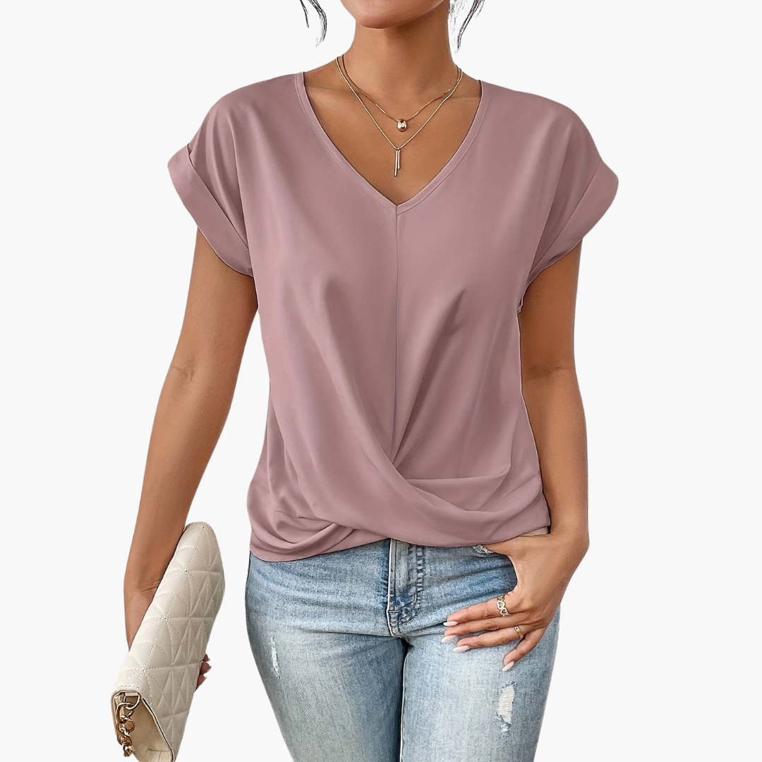 Women's casual short sleeve t-shirt with unique heart neckline, perfect for everyday comfort and style.