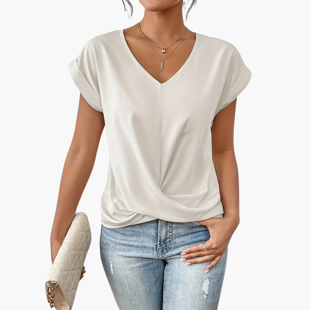 Close-up of women's comfort fit t-shirt, highlighting the elegant heart neckline and soft fabric.