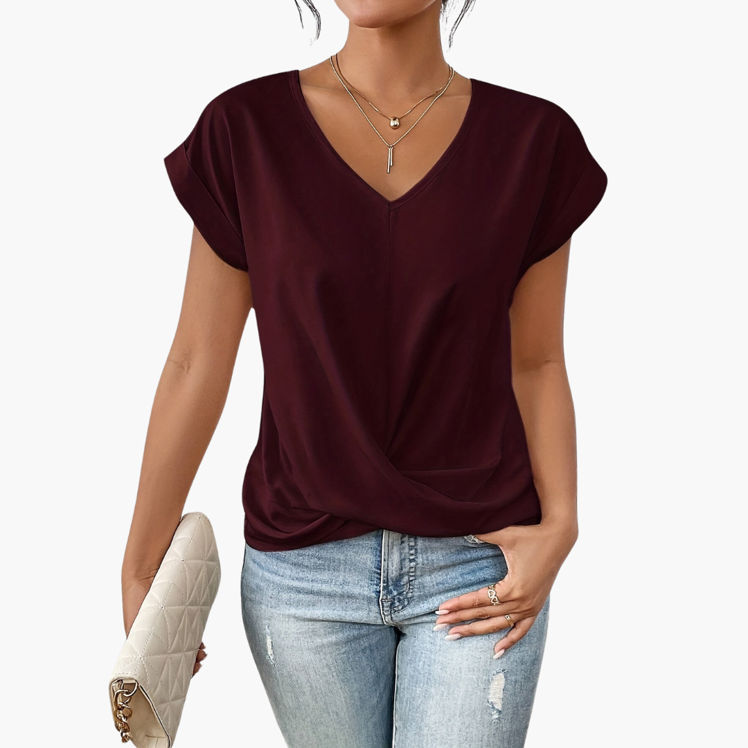 Soft, short sleeve women's t-shirt with a unique heart neckline, designed for spring and summer comfort.