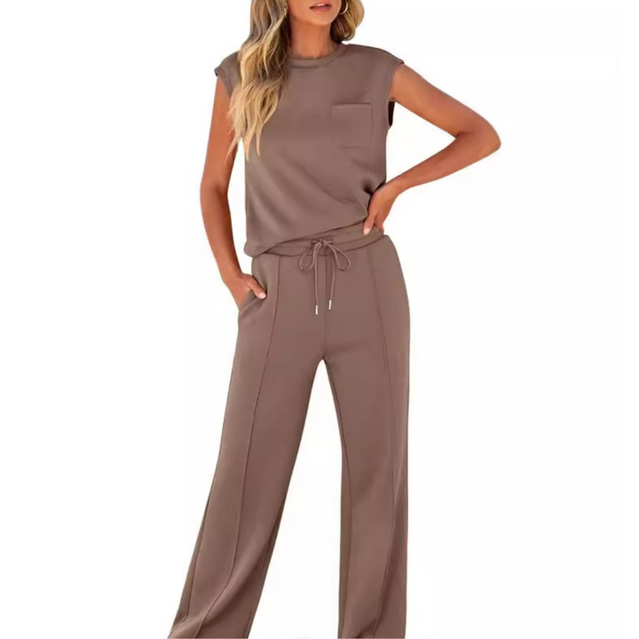 Matching women's two-piece outfit: sleeveless top & drawstring waist trousers for casual wear.