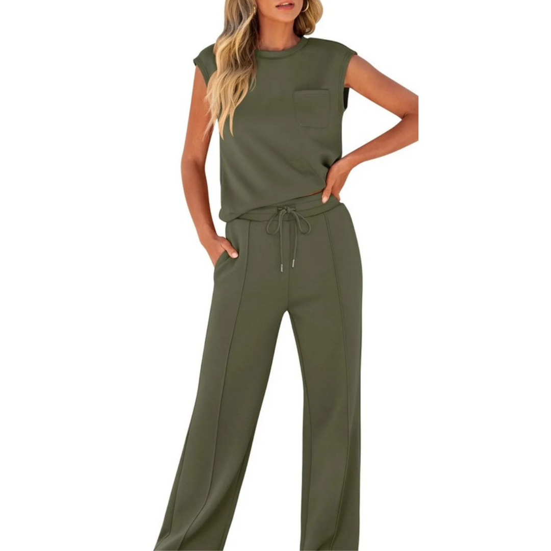 Complete women's outfit: matching sleeveless top and straight leg trousers with a drawstring waist.