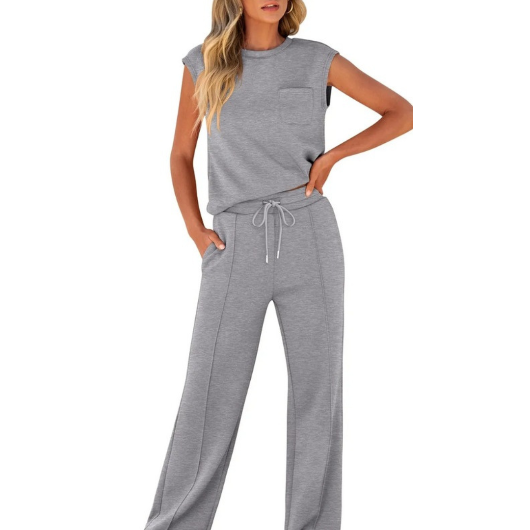 Co-ord women's sleeveless top and straight-leg trousers, a versatile matching set for daily wear.