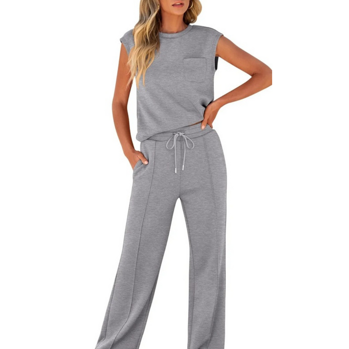 Co-ord women's sleeveless top and straight-leg trousers, a versatile matching set for daily wear.