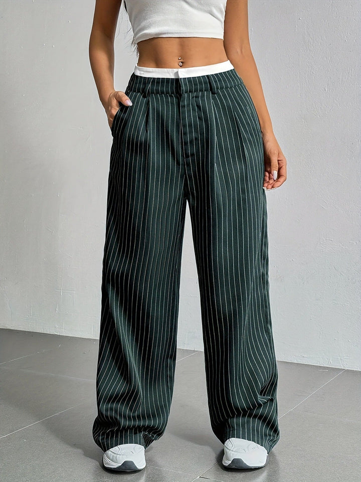 Trendy women's striped wide leg pants, a comfortable and chic addition to any wardrobe.
