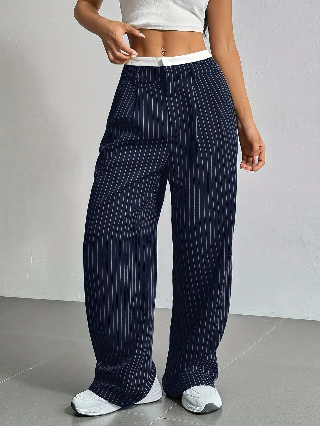 Comfortable women's high waist wide leg striped pants, perfect for relaxed casual fashion.